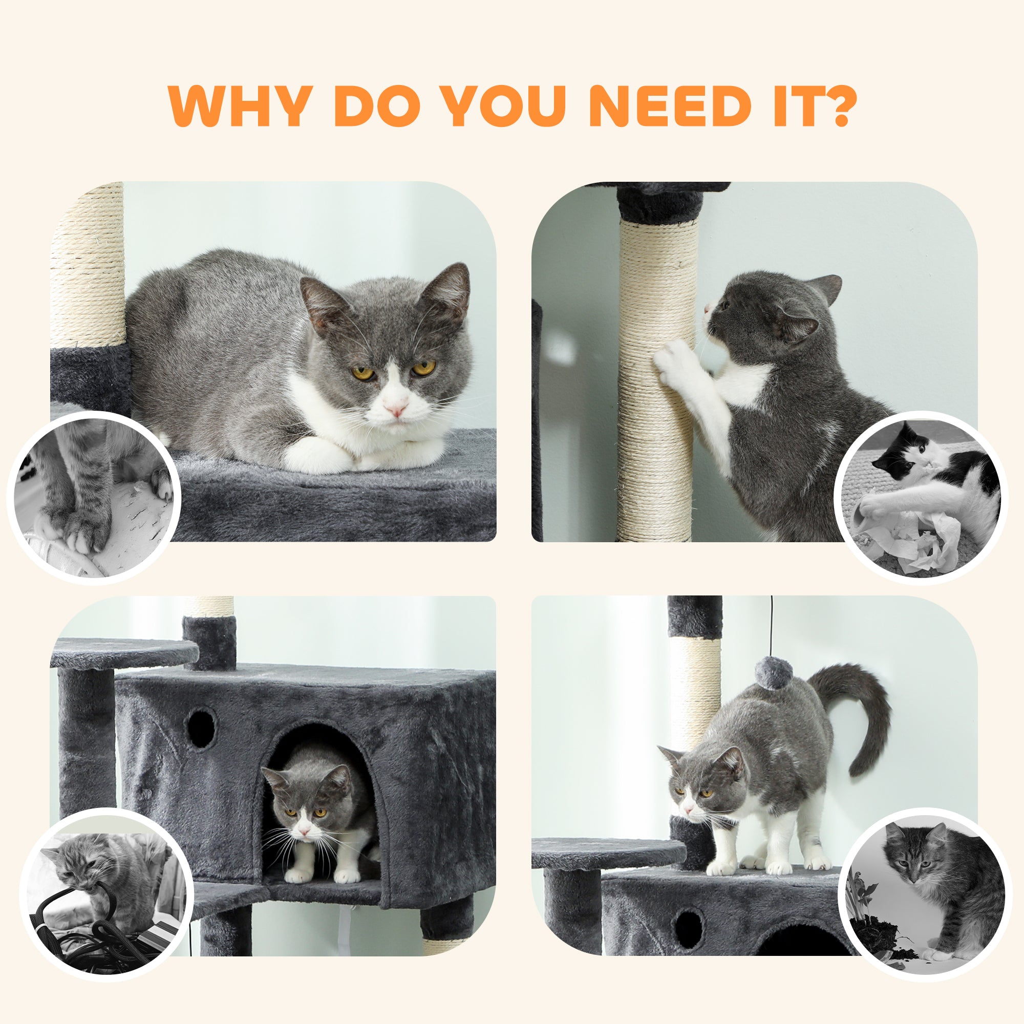 PawHut 180cm Large Cat Tree Tower with Sisal Scratching Posts, Condos, Plush Perches, Hammock, Ladder, Dark Grey 
