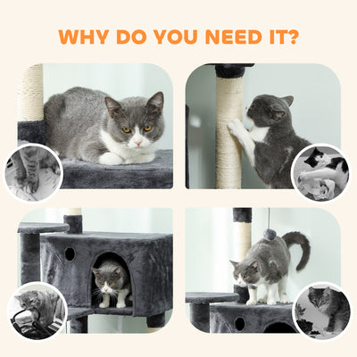 PawHut 180cm Large Cat Tree Tower with Sisal Scratching Posts, Condos, Plush Perches, Hammock, Ladder, Dark Grey 