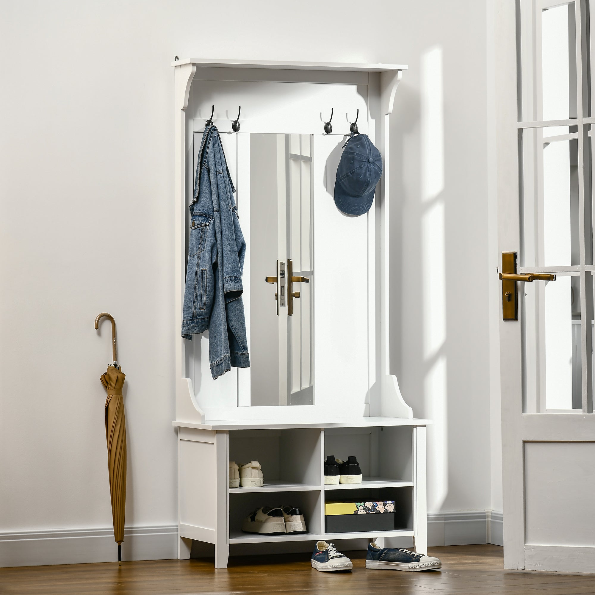 HOMCOM Hallway Furniture Set Shoe Bench Storage Mirror Cabinet Coat Rack Multiple Cubes Hangers Organiser Shelves w/ 4 Hooks 