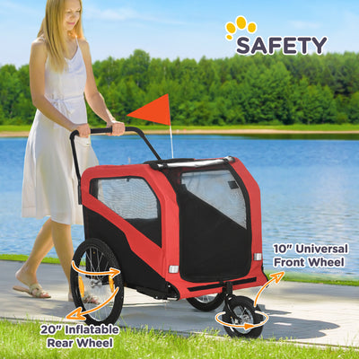 PawHut 2 in 1 Dog Bike Trailer Pet Stroller for Large Dogs with Hitch, 20" Wheels, Pet Bicycle Cart Trolley Carrier for Travel, Red 