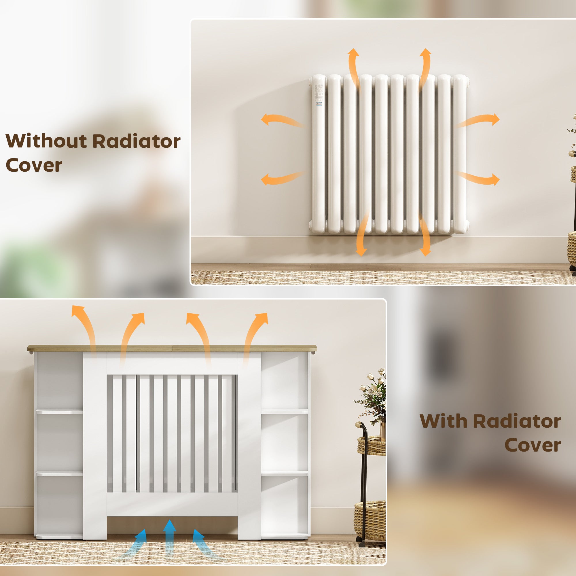 HOMCOM Radiator Cover with Open Storage Shelves, Vertical Slatted Cabinet Shelf Heater Cover for Living Room, Hallway, Medium, White 