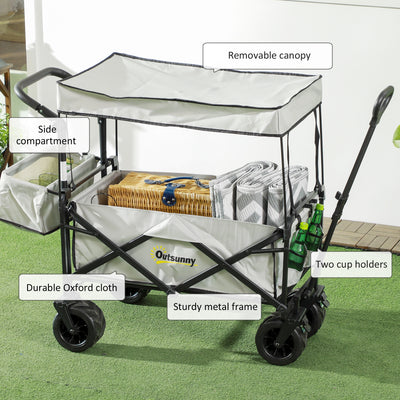 Outsunny Folding Trolley Cart Storage Wagon Beach Trailer 4 Wheels with Handle Overhead Canopy Cart Push Pull for Camping, Grey 