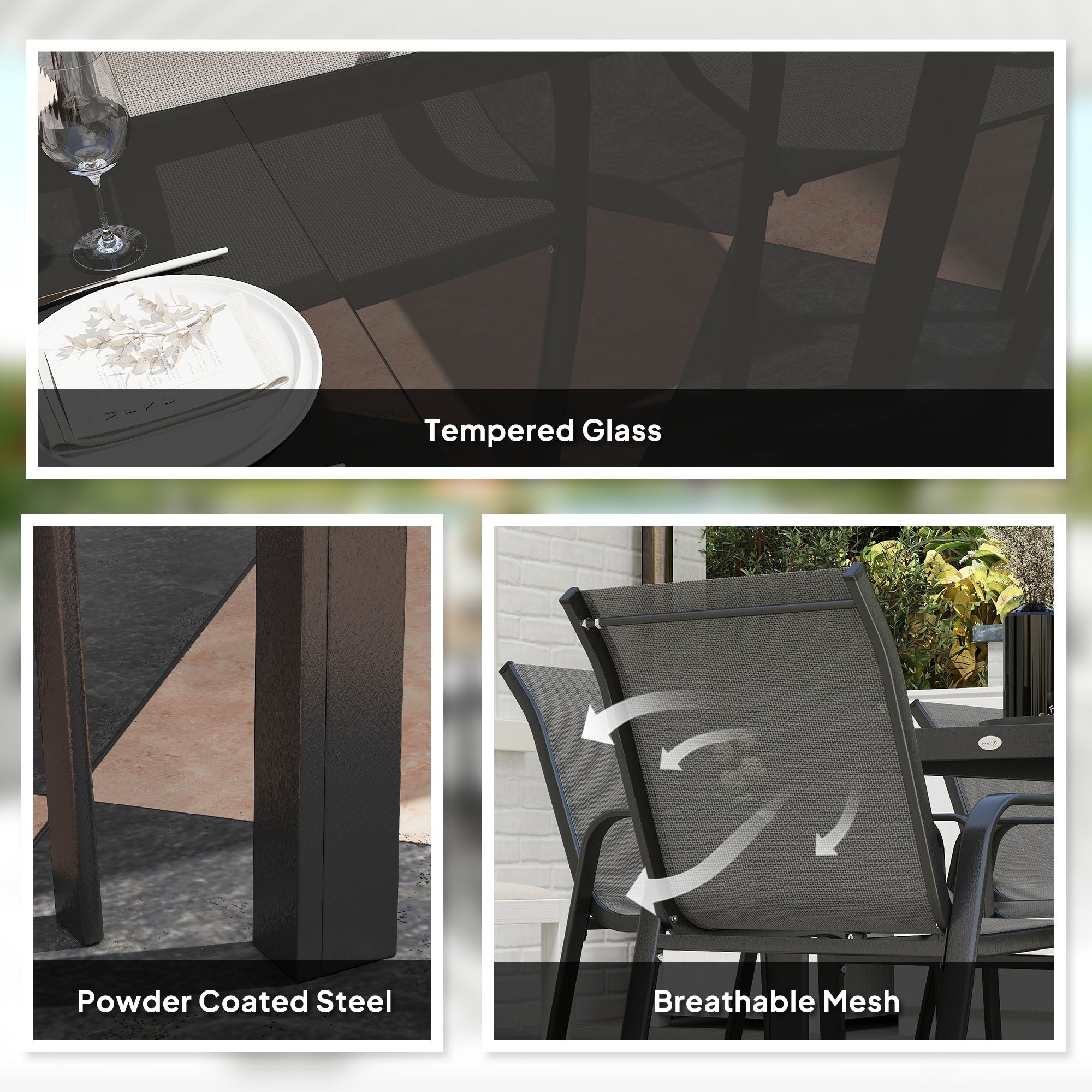 Outsunny 8 Seater Garden Dining Set with Stacking Chairs, Rectangular Tempered Glass Top, Garden Furniture Set, Outdoor Dining Table and Chairs for Patio, Balcony, Poolside, Dark Grey 