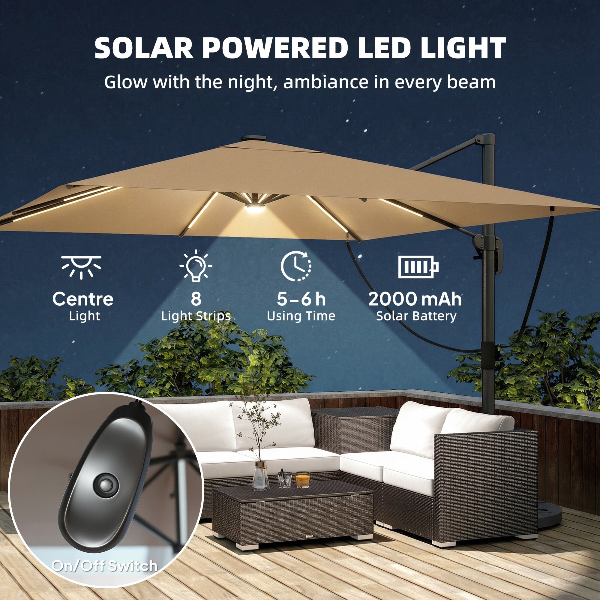 Outsunny 3 x 3 m Garden Cantilever Parasol with Light, Cover, Overhanging Umbrella w/ Wind Protection, 360° Rotation, Khaki 