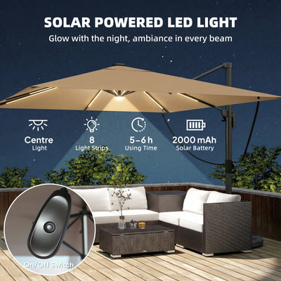 Outsunny 3 x 3 m Garden Cantilever Parasol with Light, Cover, Overhanging Umbrella w/ Wind Protection, 360° Rotation, Khaki 