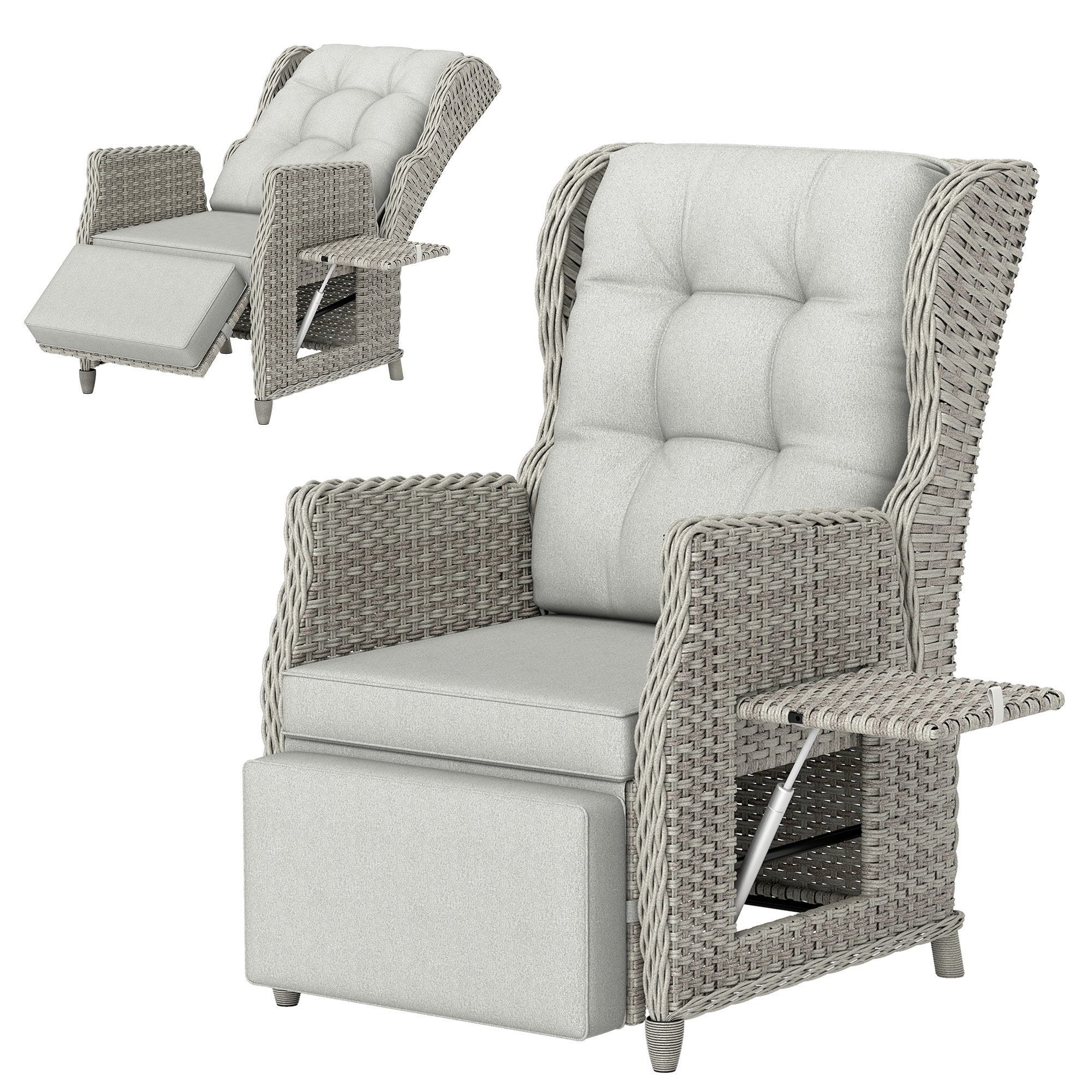 Outsunny Rattan Garden Recliner Chair, Reclining Garden Chair with Adjustable Back and Footrest, Flip Table, Cushion, Light Grey 