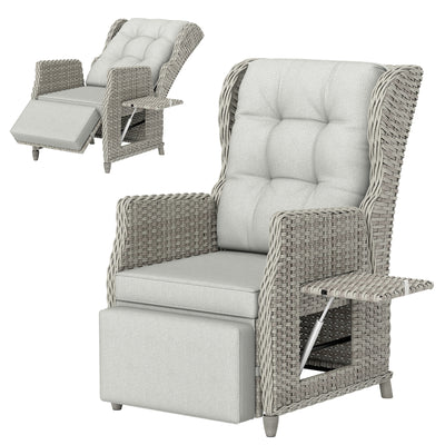 Outsunny Rattan Garden Recliner Chair, Reclining Garden Chair with Adjustable Back and Footrest, Flip Table, Cushion, Light Grey 