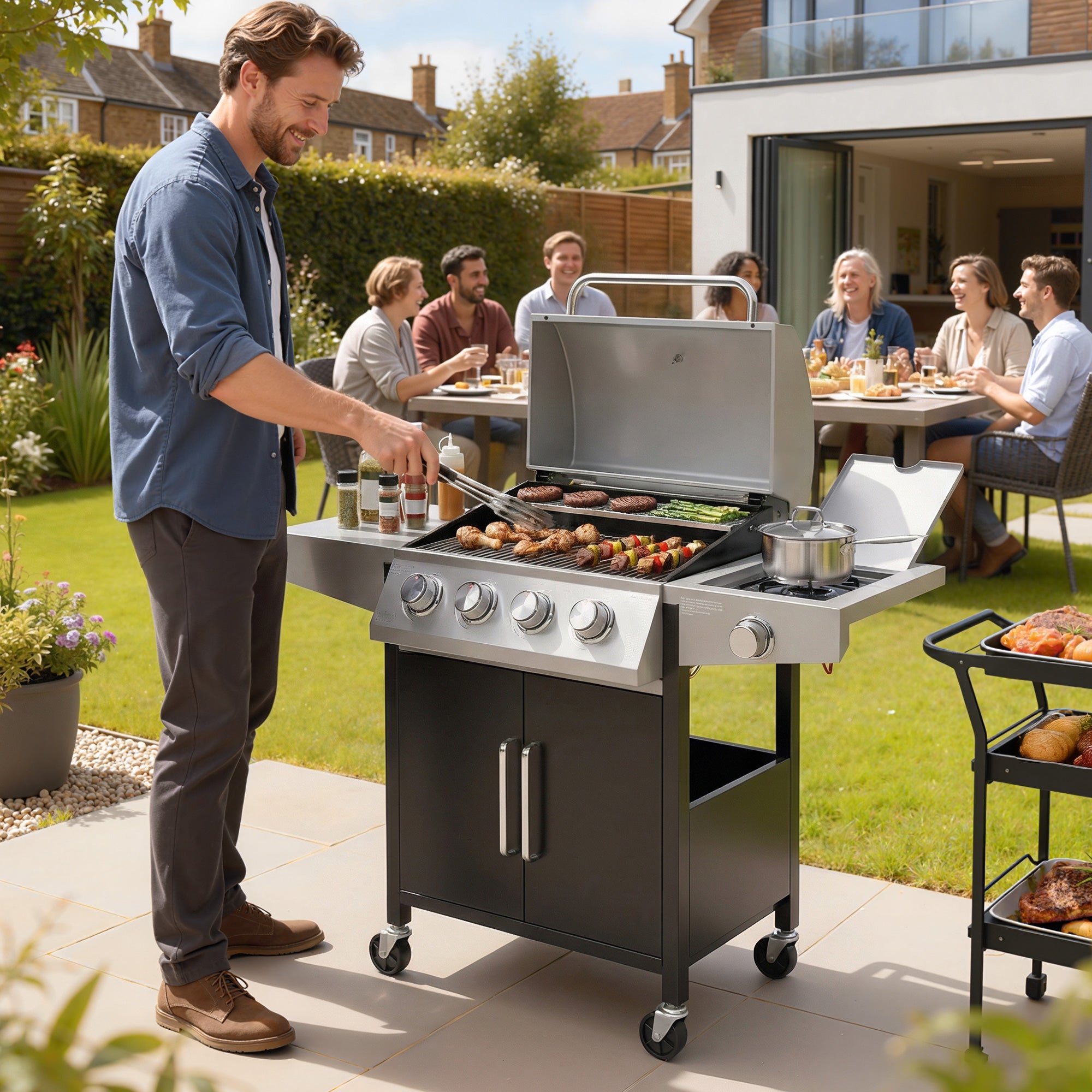 Outsunny 4+1 Burner Gas BBQ Grill with Side Burner, 50000 BTU Steel Portable Gas Barbecue Grill with Built-in Thermometer, Lid 