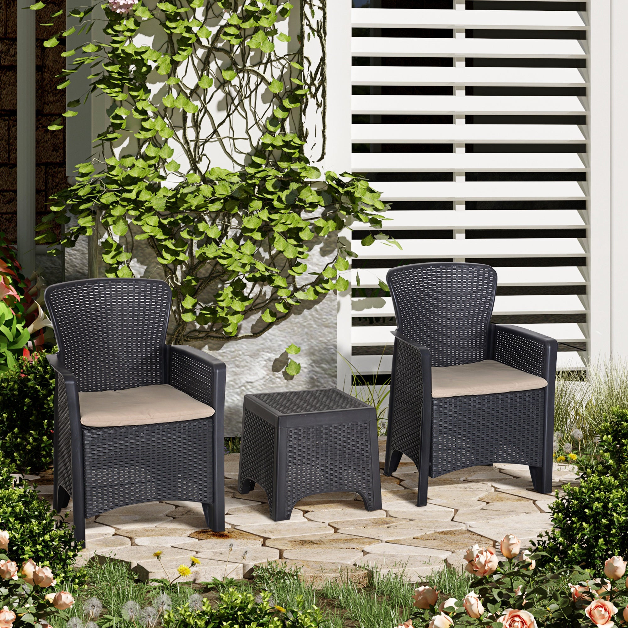 Outsunny 3 PCS Rattan Effect Garden Bistro Set  2 Chairs & Coffee Table Set with Cushion Patio Lawn Balcony Furniture - Dark Brown 