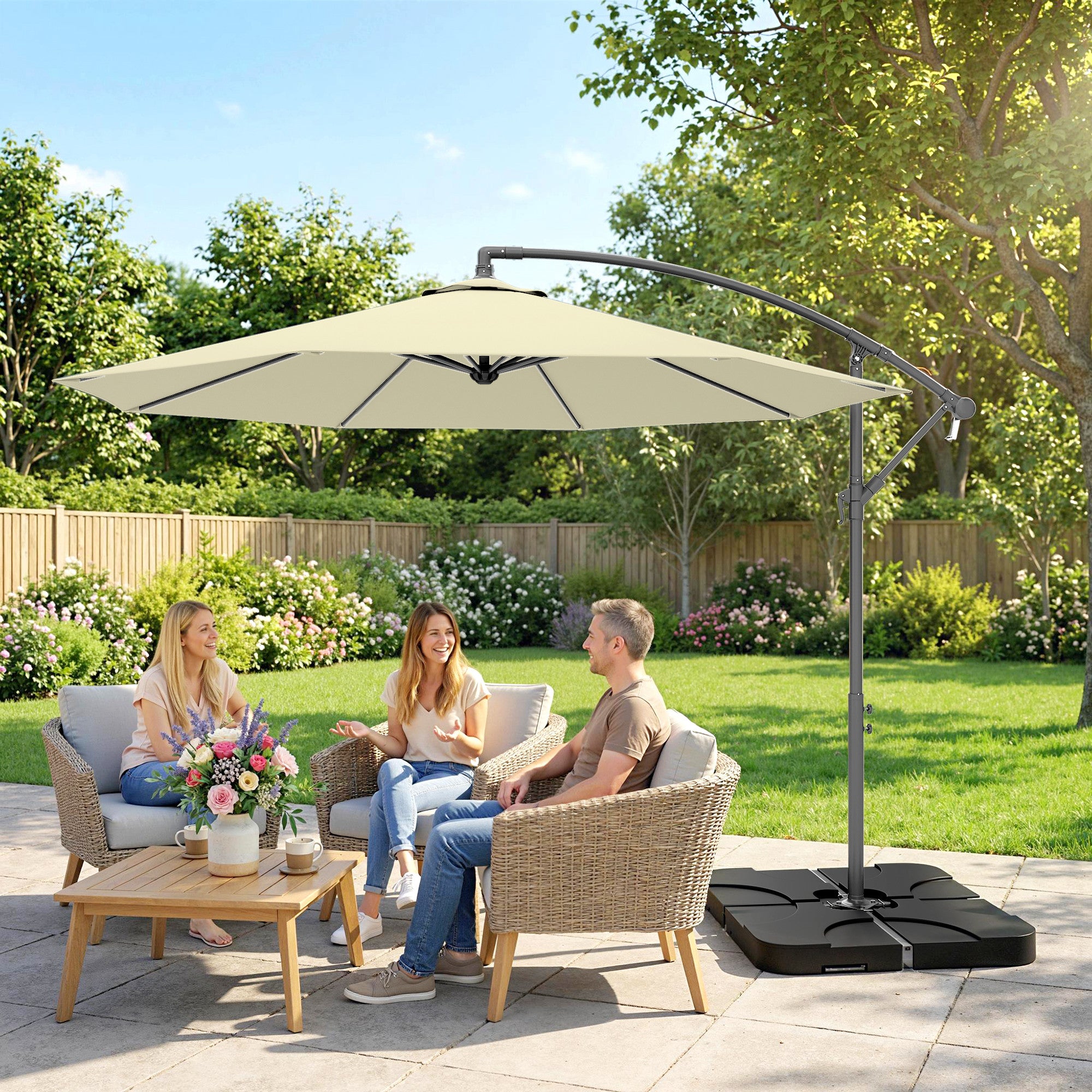 Outsunny 3m Overhanging Parasol, with Base, Weights and Cover - Sand brown 