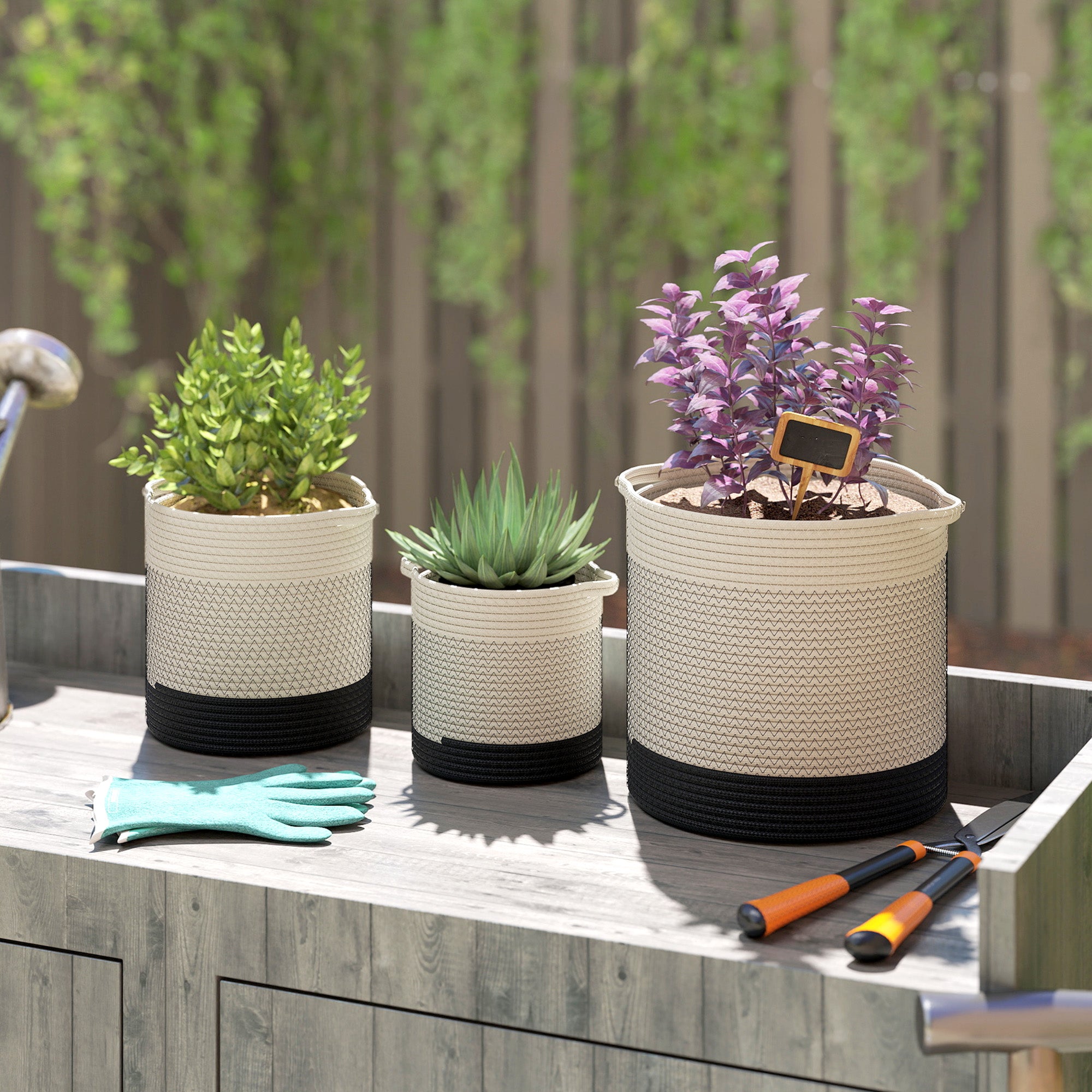 Outsunny Plant Pots Handwoven Cotton Indoor Planters with Waterproof Liner Set of 3 White 