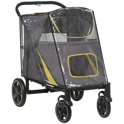 PawHut One-Click Foldable Pet Travel Stroller with Rain Cover, Cat Dog Pushchair with Universal Front Wheels, Shock Absorber, Storage Bags, Mesh Window, Safety Leash for Large and Medium Dogs (Grey) 