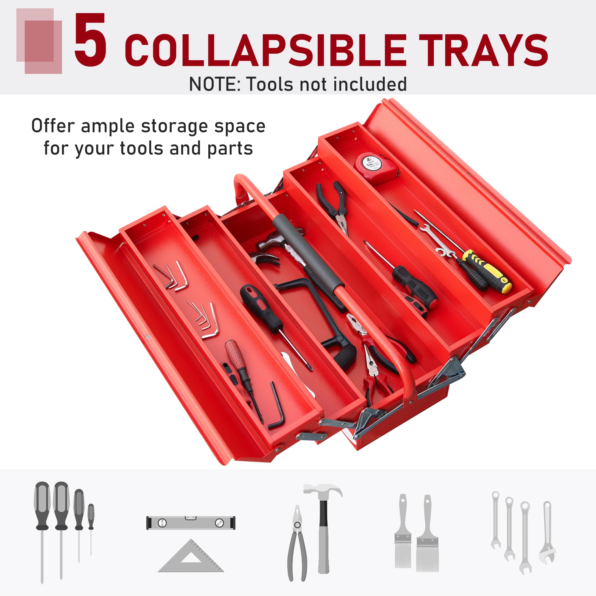 DURHAND Metal Tool Box 3 Tier 5 Tray Professional Portable Storage Cabinet Workshop Cantilever Toolbox with Carry Handle, 56cmx20cmx34cm, Red 