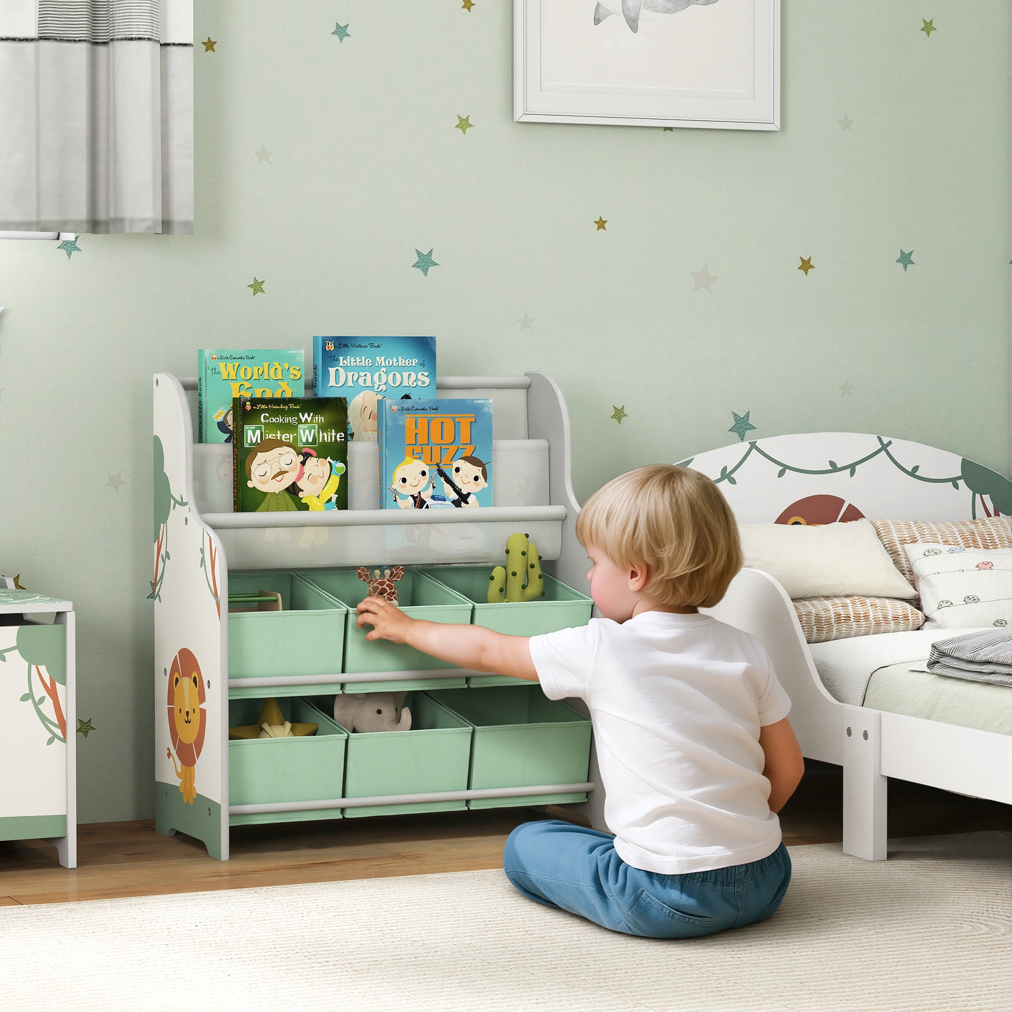 AIYAPLAY Kids Storage Unit, Toy Organiser with 6 Fabric Drawers and 2-Tier Sling Book Rack for Bedroom, Playroom, Nursery, Green 