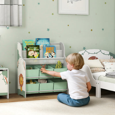 AIYAPLAY Kids Storage Unit, Toy Organiser with 6 Fabric Drawers and 2-Tier Sling Book Rack for Bedroom, Playroom, Nursery, Green 