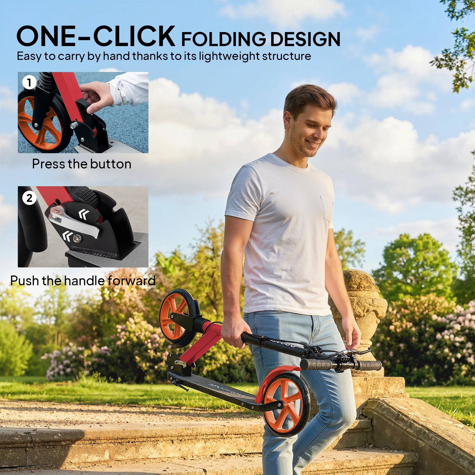 HOMCOM One-click Folding Kick Scooter for 14+ w/ Adjustable Handlebar, Push Scooter with Kickstand, Dual Brake System, Red 