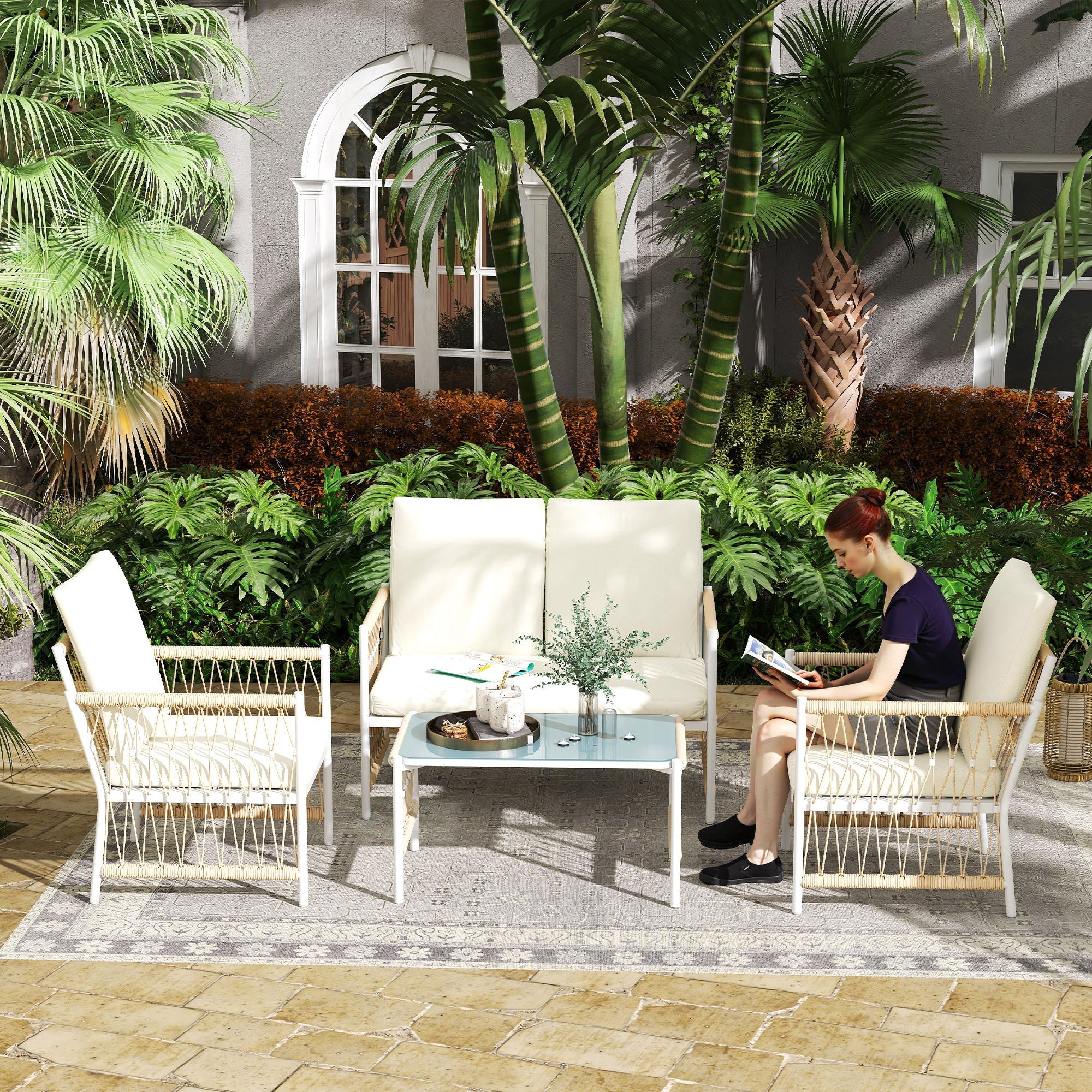 Outsunny 4 Piece Rattan Garden Furniture Set, 4 Seater Wicker Patio Conversation Set with 2 Armchairs, Loveseat, Glass Top Coffee Table and Cushions for Outdoor, Balcony, Khaki 