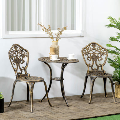 Outsunny 3 Piece Cast Aluminium Garden Bistro Set for 2 with Parasol Hole, Outdoor Coffee Table Set, Two Armless Chairs and Round Coffee Table for Balcony, Patio, Bronze 