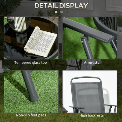 Outsunny Three-Piece Garden Seat Set, with Glass-Top Table - Dark Grey 