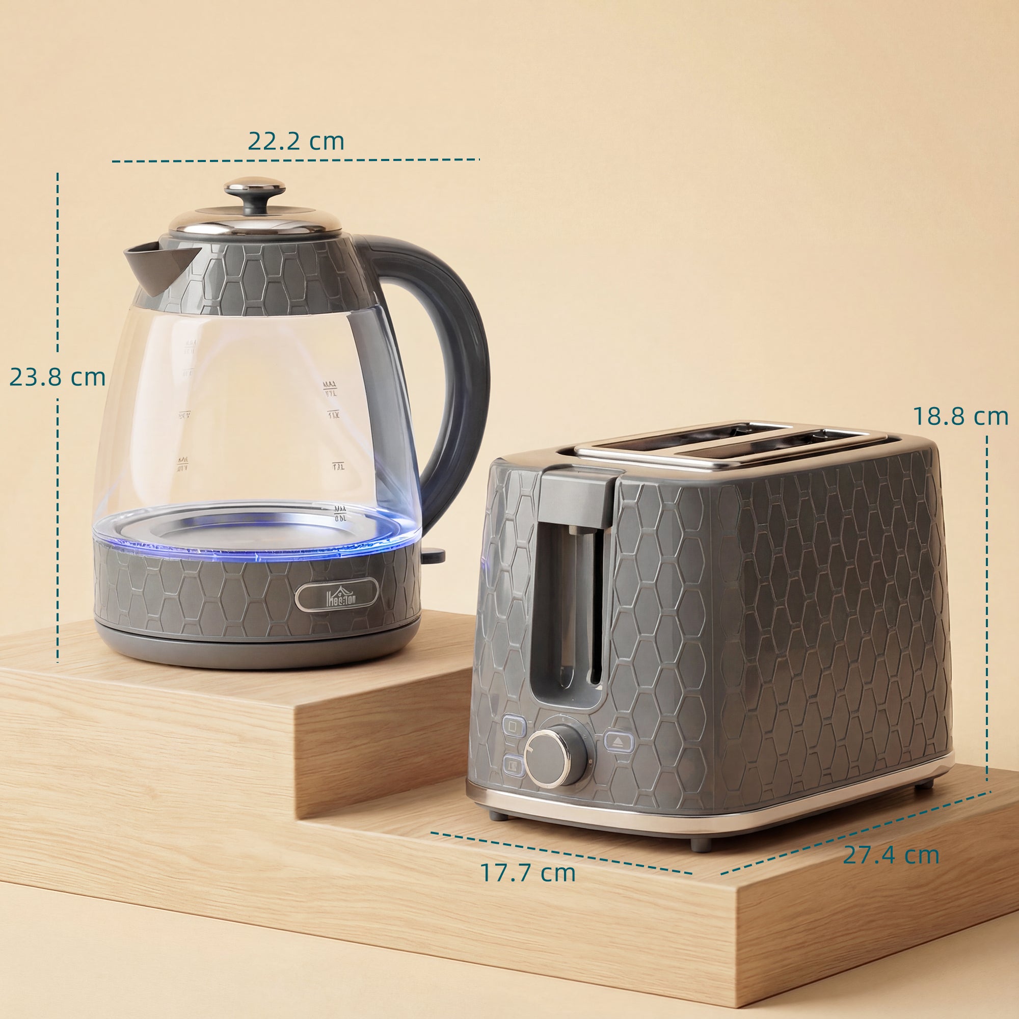 HOMCOM Kettle and Toaster Set, 1.7L 3000W Rapid Kettle with Limescale Filter, 2 Slice Toaster with 7 Browning Controls, Grey 