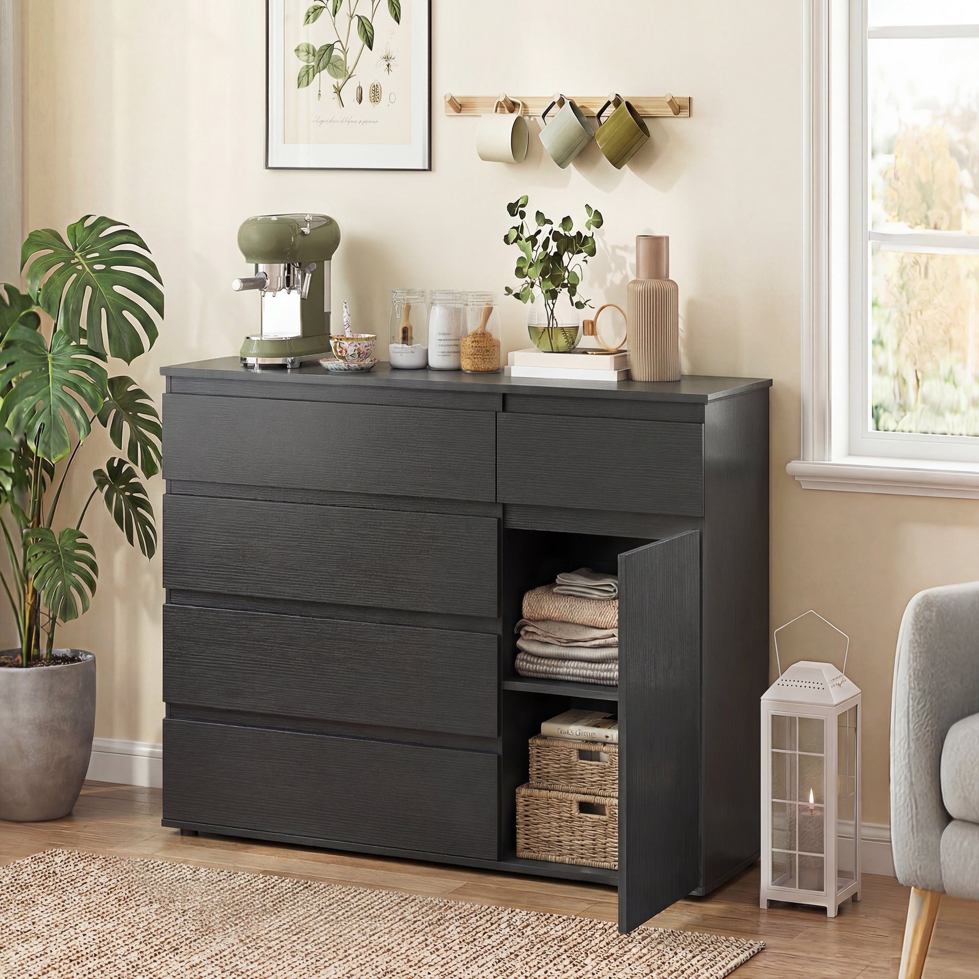 HOMCOM Modern Chest Of Drawers, 5 Drawer Dresser with Adjustable Shelf, Soft-Close Door, Black 