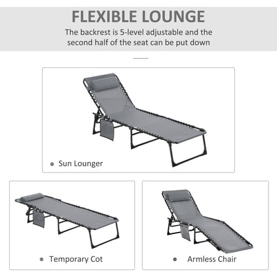 Outsunny Portable Sun Lounger, Folding Camping Bed Cot, Reclining Lounge Chair 5-position Adjustable Backrest with Side Pocket, Pillow for Patio Garden Beach Pool, Grey 