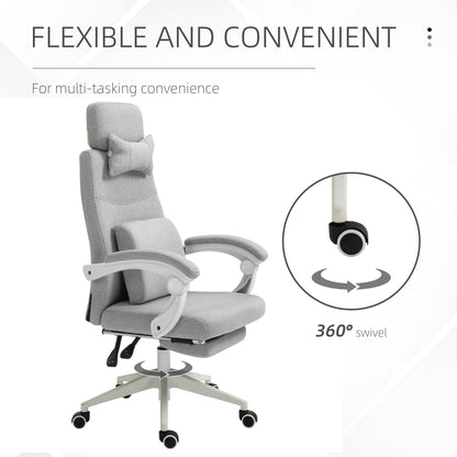 Vinsetto Office Chair, Ergonomic Desk Chair, High Back Fabric Work Chair with 160\'c2\'b0 Reclining Backrest, Retractable Footrest, Neck and Lumbar Pillow for Home and Study, Grey