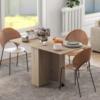 HOMCOM Folding Dining Table, Drop Leaf Table for Small Spaces with 2-tier Shelves, Small Kitchen Table with Rolling Casters, Natural 