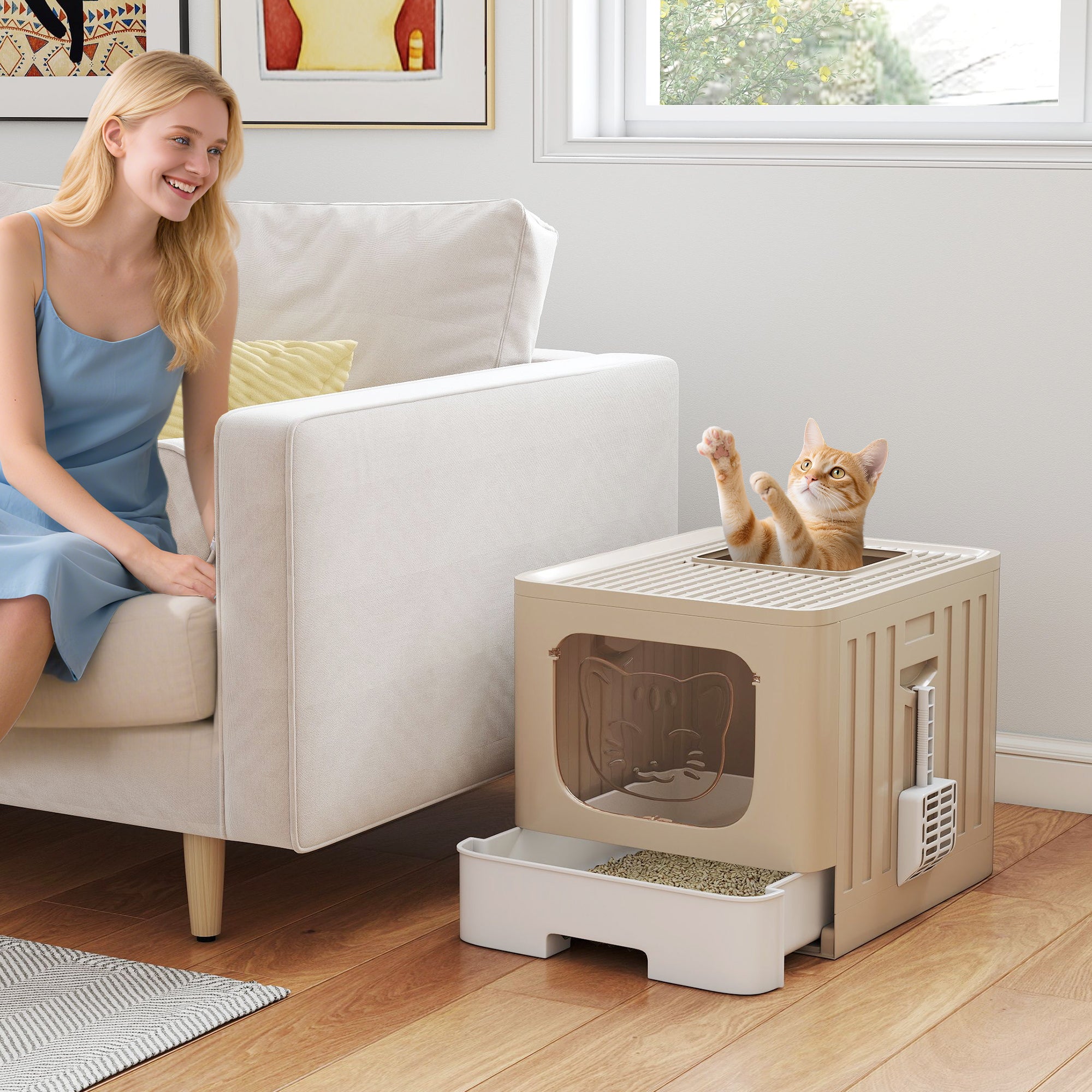 PawHut Cat Litter Box with Lid, Slide-Out Drawer, Scoop, Easy Clean, Odour Control, Anti-Splashing, Khaki 