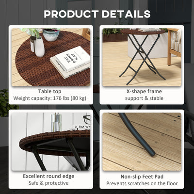 Outsunny Foldable PE Rattan Outdoor Coffee Table, Metal Frame Wicker Round Side Table, Coffee Table Side Table for Lawn, Garden, Mixed Brown 