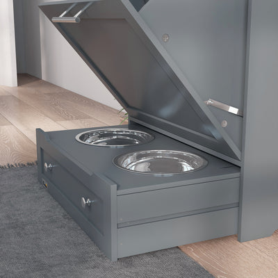 PawHut Pet Feeder Station, Dog, Cat Storage Container, with Raised Bowls, Hanger, Cabinet - Grey 