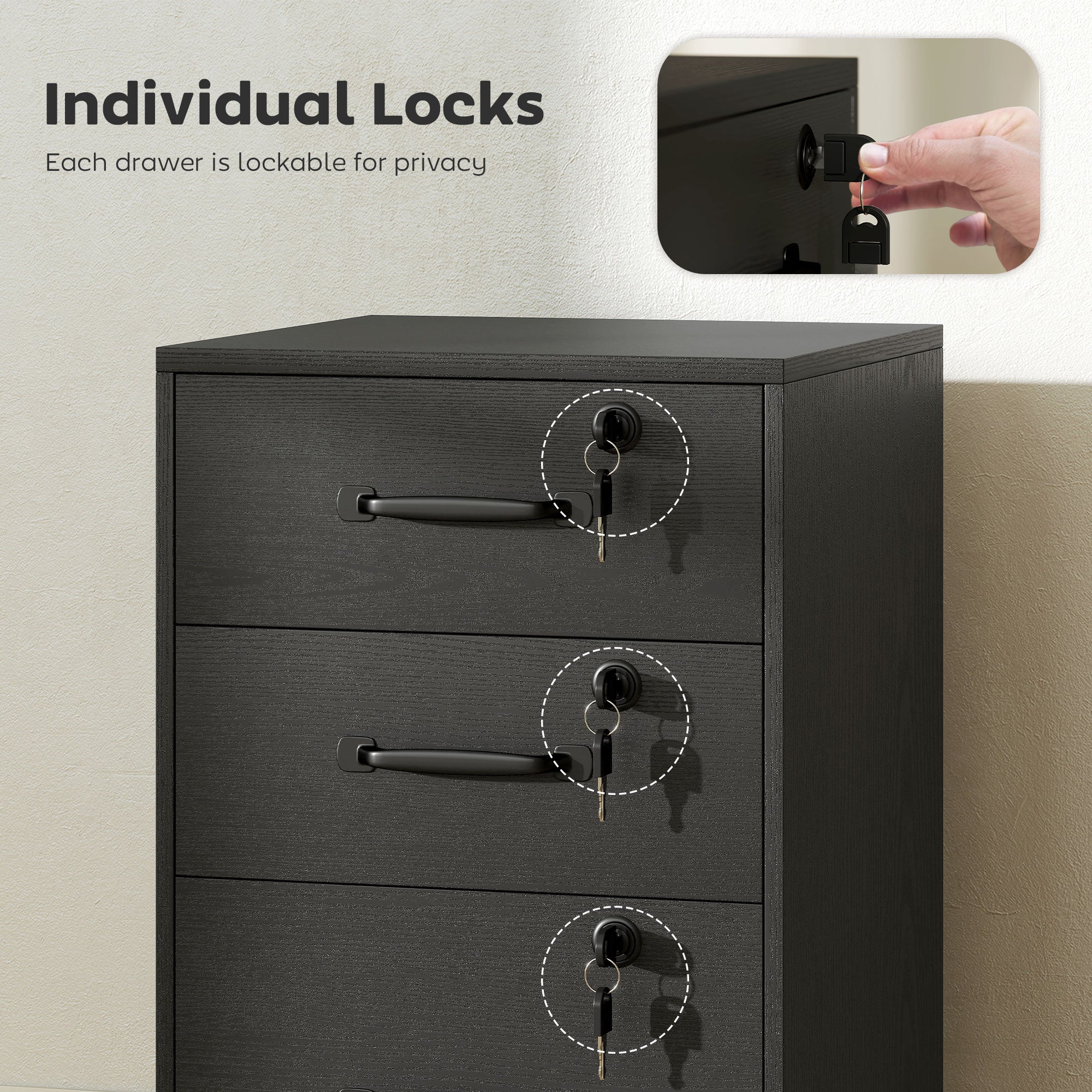 HOMCOM Three Drawer Wood-Effect Filing Cabinet - Black 