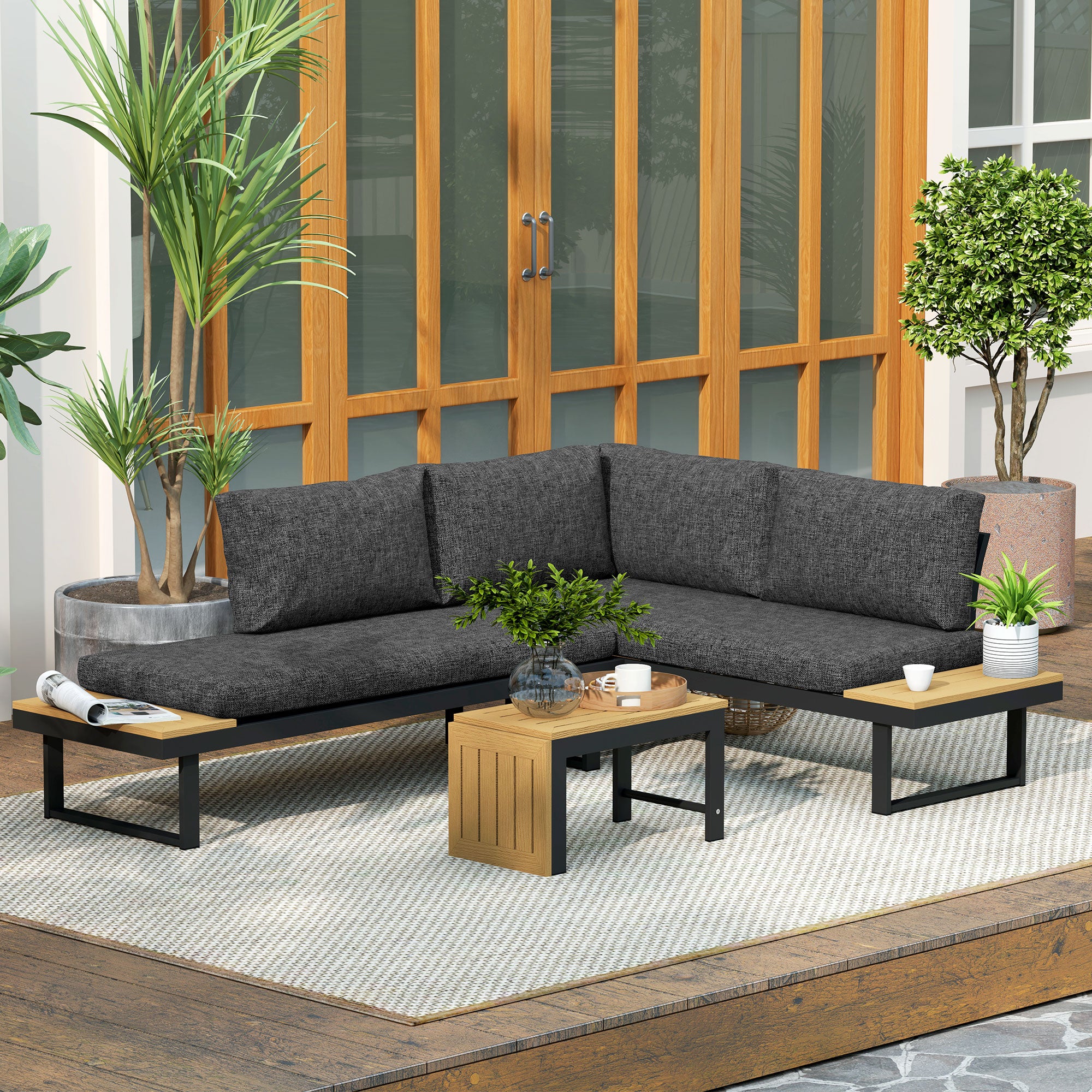 Outsunny 4 Seater L Shaped Aluminium Sectional Garden Furniture Set with 2 Loveseats and Wood-Plastic Coffee Table - Natural Wood 