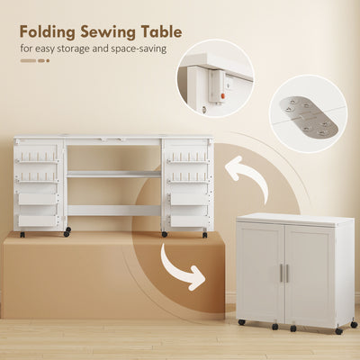 HOMCOM Folding Sewing Table with 2 Magnetic Doors, Storage Shelf, Lockable Wheels, Space Saving, White 