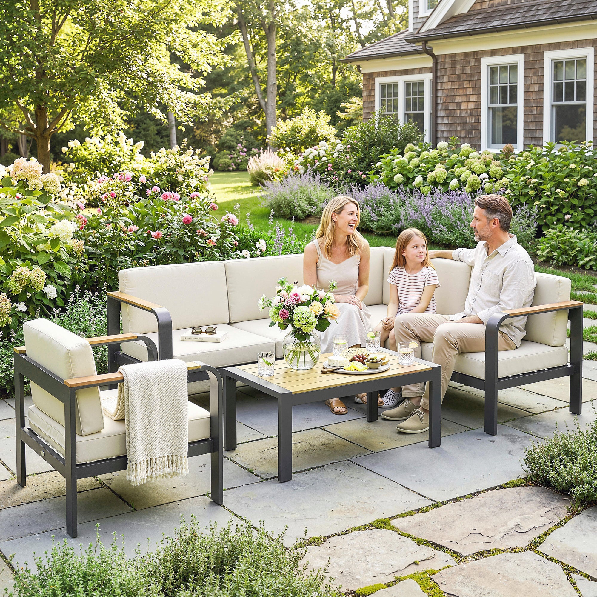 Outsunny 3 Pieces Garden Furniture Set with L-Shaped Sofa, Armchair and Coffee Table, Aluminium Garden Corner Sofa Set 
