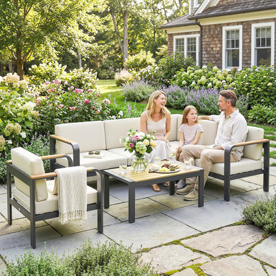 Outsunny 3 Pieces Garden Furniture Set with L-Shaped Sofa, Armchair and Coffee Table, Aluminium Garden Corner Sofa Set 