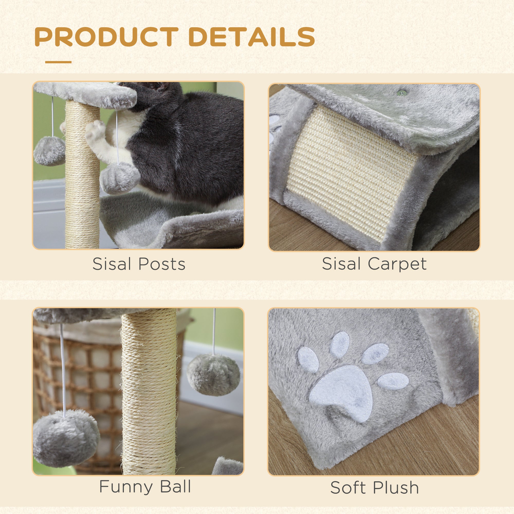 PawHut Cat Tree, Cat Tower for Kittens, Small Cat Condo with Rotatable Top Bar, Sisal Scratching Post, Tunnel, Dangling Balls - Grey 