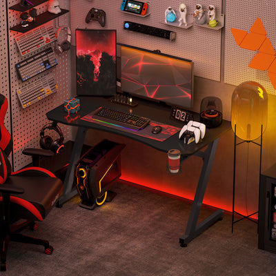 HOMCOM Gaming Desk 120 x 65 cm Steel Frame with Cup Holder, Headphone Hook, Adjustable Feet and Cable Organiser, Home Office Computer Table, Black 