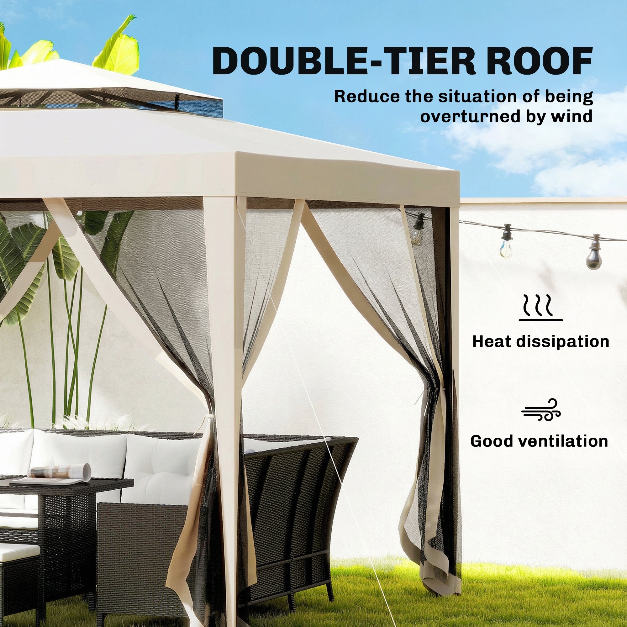 Outsunny 3 x 3 m Gazebo, Netting Party Tent, Patio Canopy Outdoor Event Shelter with Double Tier Roof, Beige 
