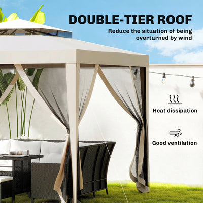 Outsunny 3 x 3 m Gazebo, Netting Party Tent, Patio Canopy Outdoor Event Shelter with Double Tier Roof, Beige 