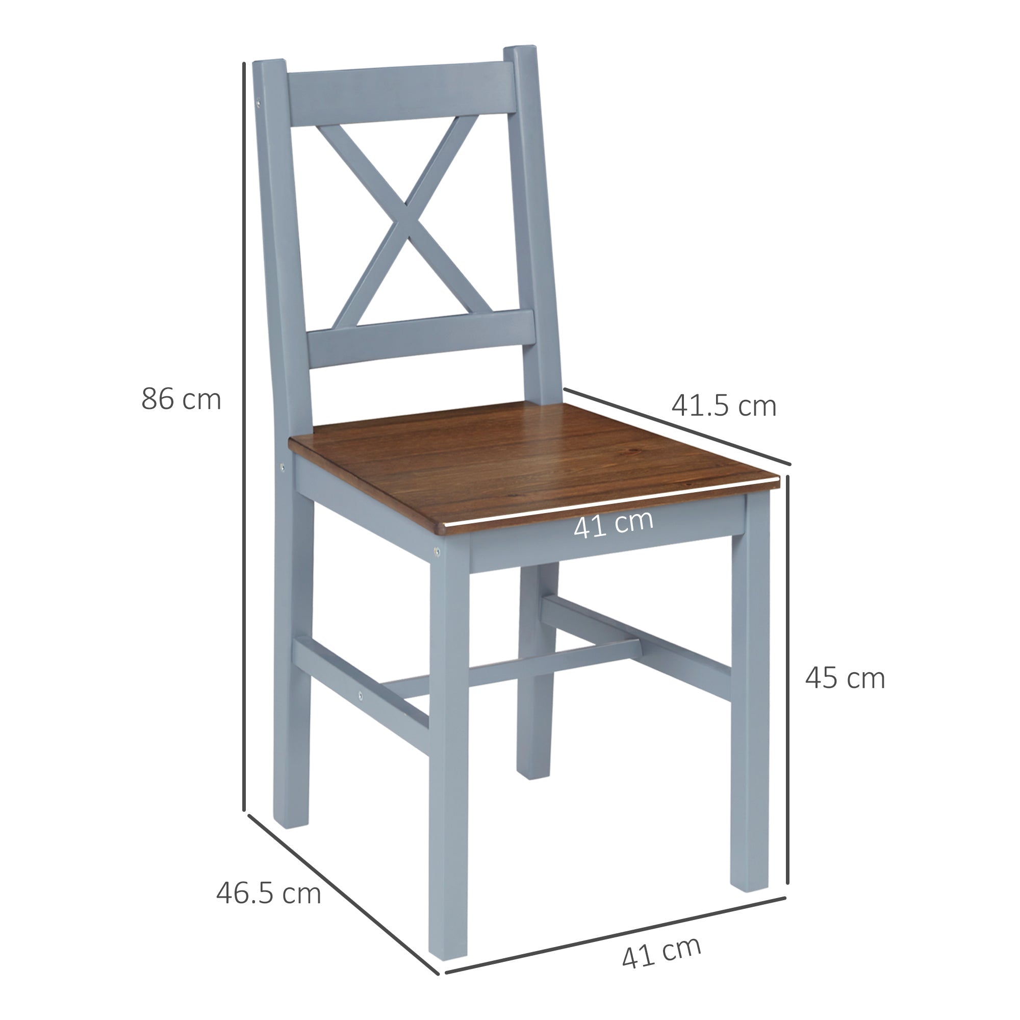 HOMCOM Dining Chairs Set of 2, Pine Wood Kitchen Chairs with Cross Back, Solid Structure for Living Room and Dining Room, Grey 