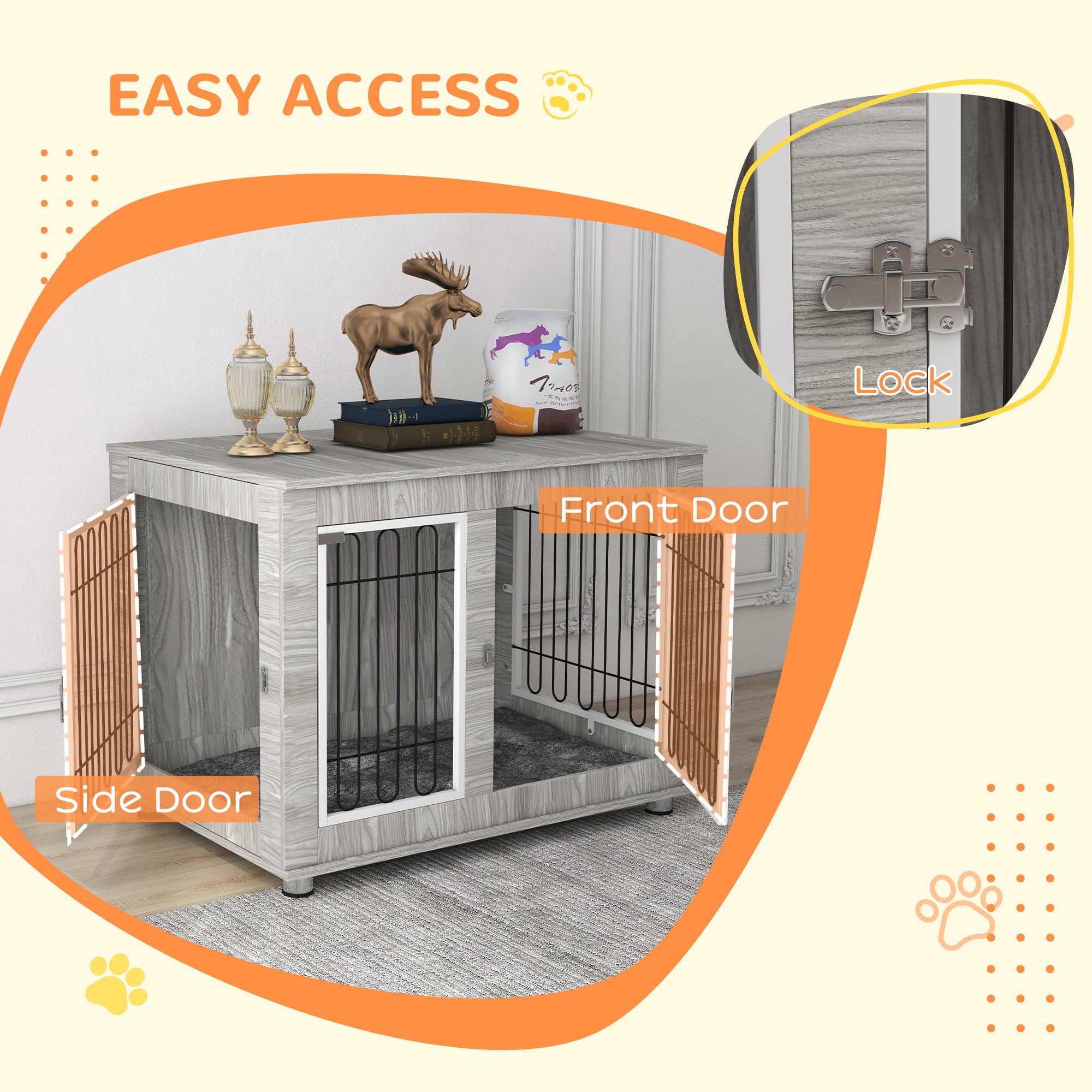 PawHut Indoor Dog Kennel w/ Soft Cushion, Double Door for Large Dogs, 106 x 74 x 81.5cm, Grey 