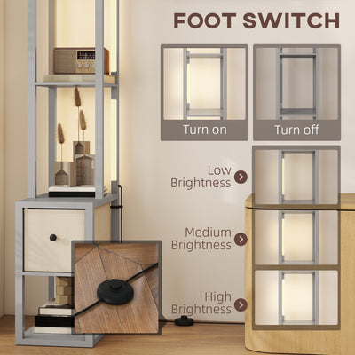 HOMCOM Floor Lamp with Shelves, LED Column Modern Standing Lamp with Fabric Drawer, Adjustable Brightness, Foot Switch for Living Room, Bedroom, Office, Grey 