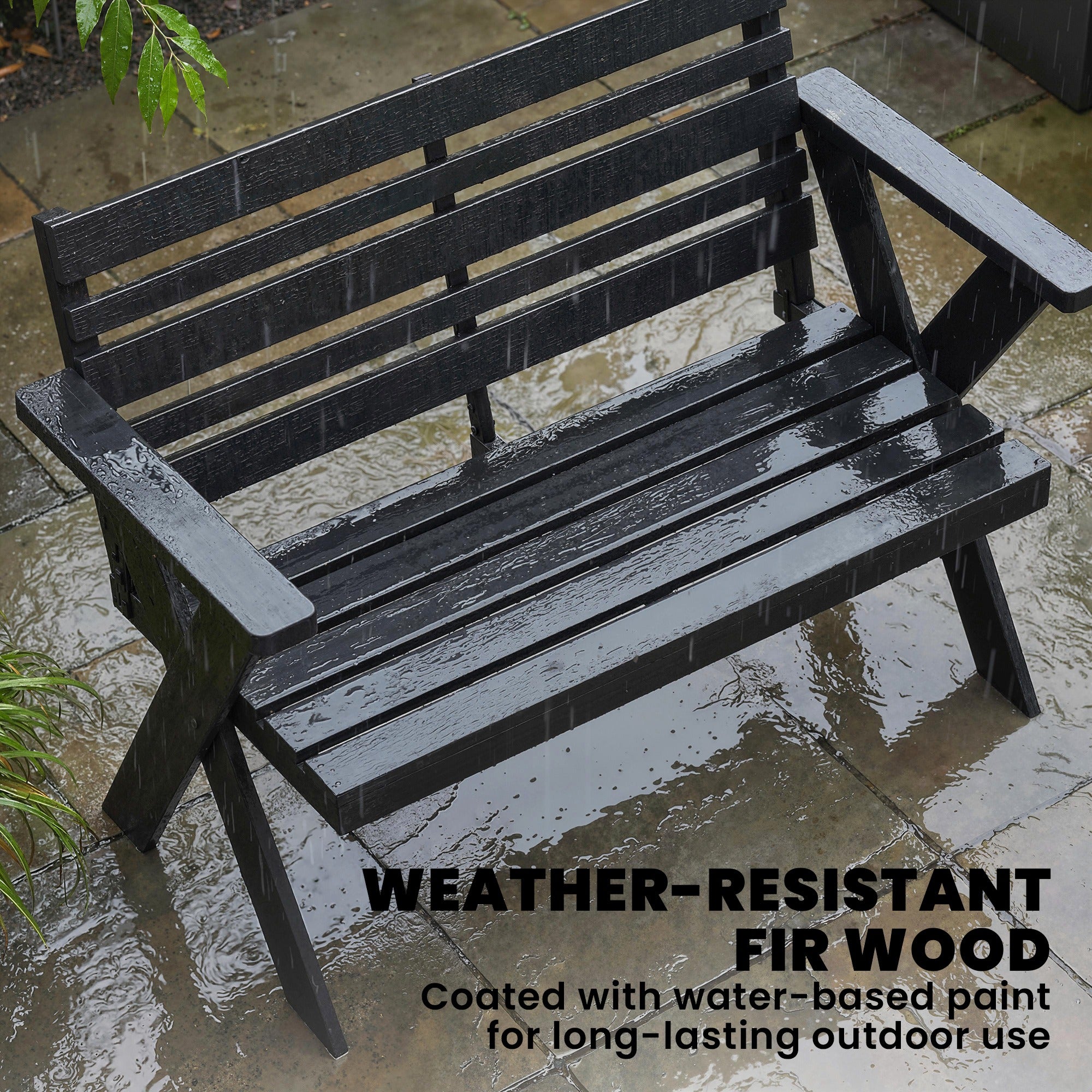 Outsunny 2 Seater Wooden Garden Bench, Slatted Patio Bench with Armrest and Backrest, Black 