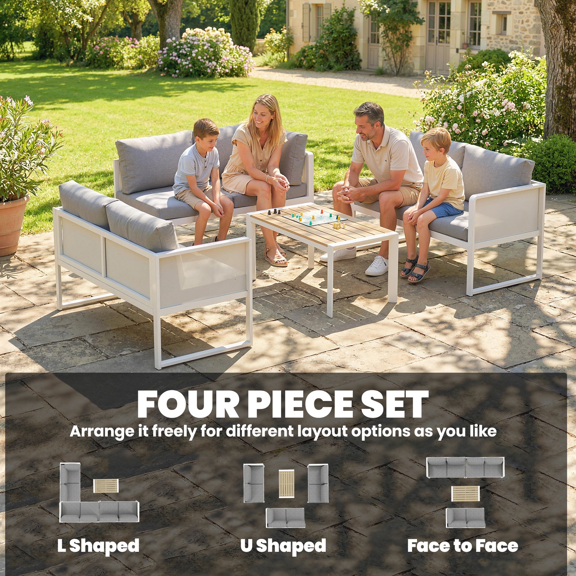 Outsunny 6 Seater Metal Garden Furniture Corner Sofa Set with 3 Loveseats, Faux Wood Table, Texteline Seat, Cushions, White 