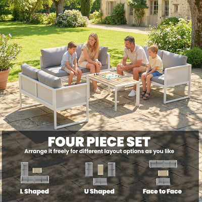 Outsunny 6 Seater Metal Garden Furniture Corner Sofa Set with 3 Loveseats, Faux Wood Table, Texteline Seat, Cushions, White 