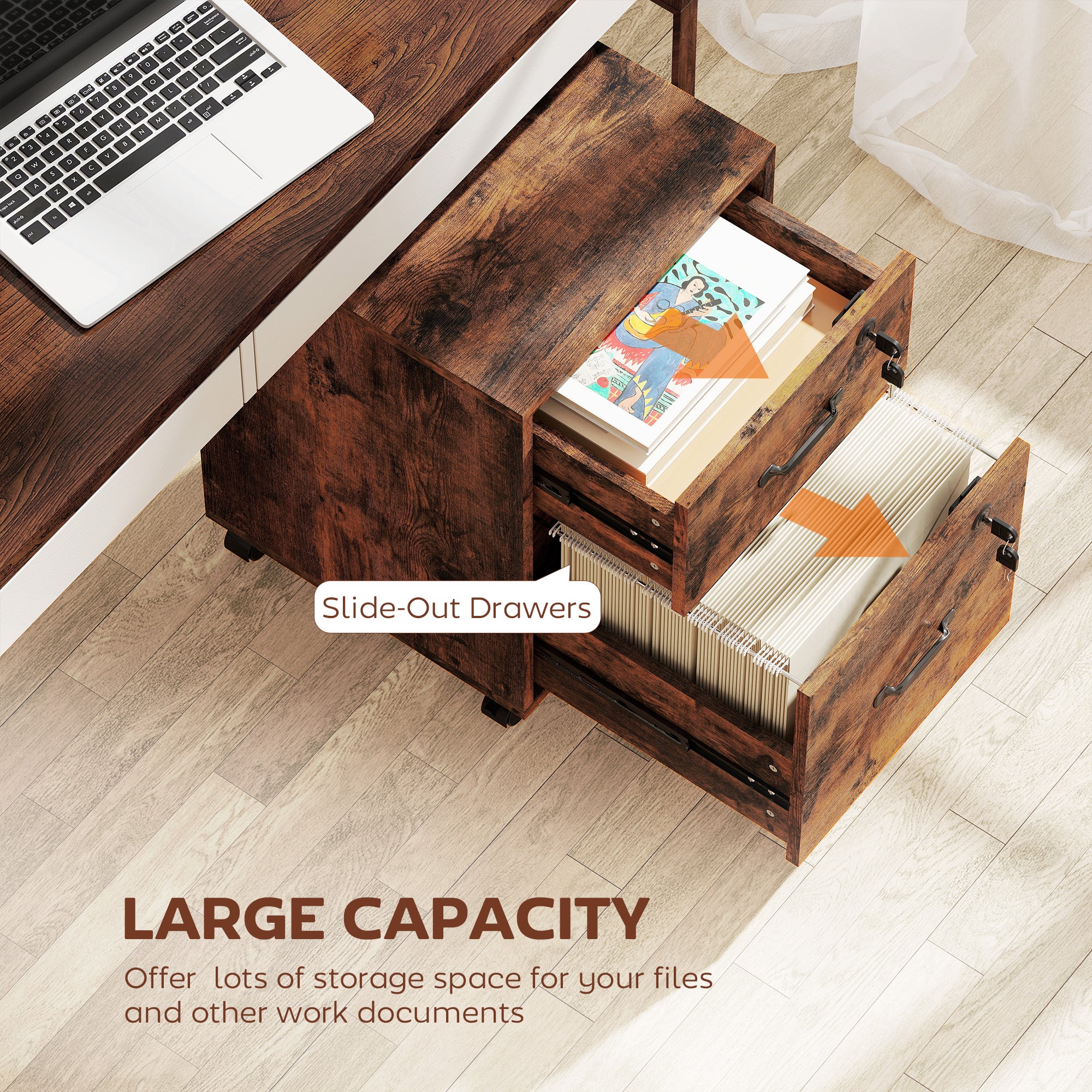 HOMCOM Rolling File Cabinet with 2 Drawers, Mobile Filing Cabinet with Hanging File Folder for Letter Sized Documents, Rustic Brown 