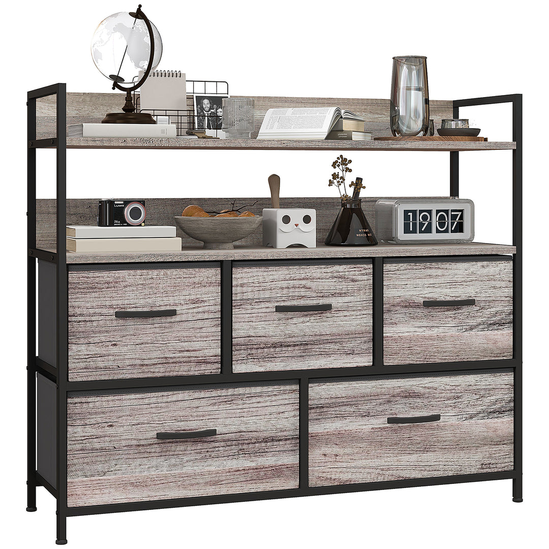 HOMCOM Rustic Chest of Five Fabric Drawers - Grey Wood Effect 