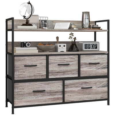 HOMCOM Rustic Chest of Five Fabric Drawers - Grey Wood Effect 