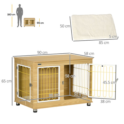 PawHut Dog Crate Furniture, Dog Cage End Table. with Soft Cushion, Double Door - Oak Tone 